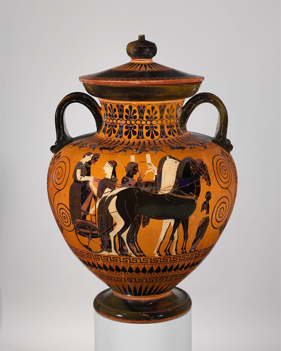 Terracotta neck-amphora (jar) with lid and knob (27.16), Exekias, Terracotta, Greek, Attic