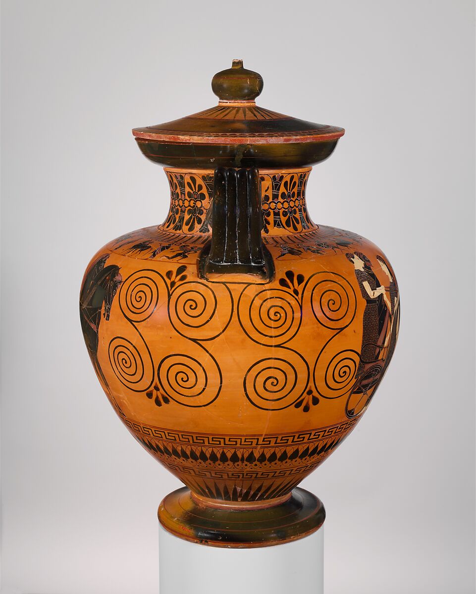 Terracotta neck-amphora (jar) with lid and knob (27.16), Attributed to Exekias, Terracotta, Greek, Attic