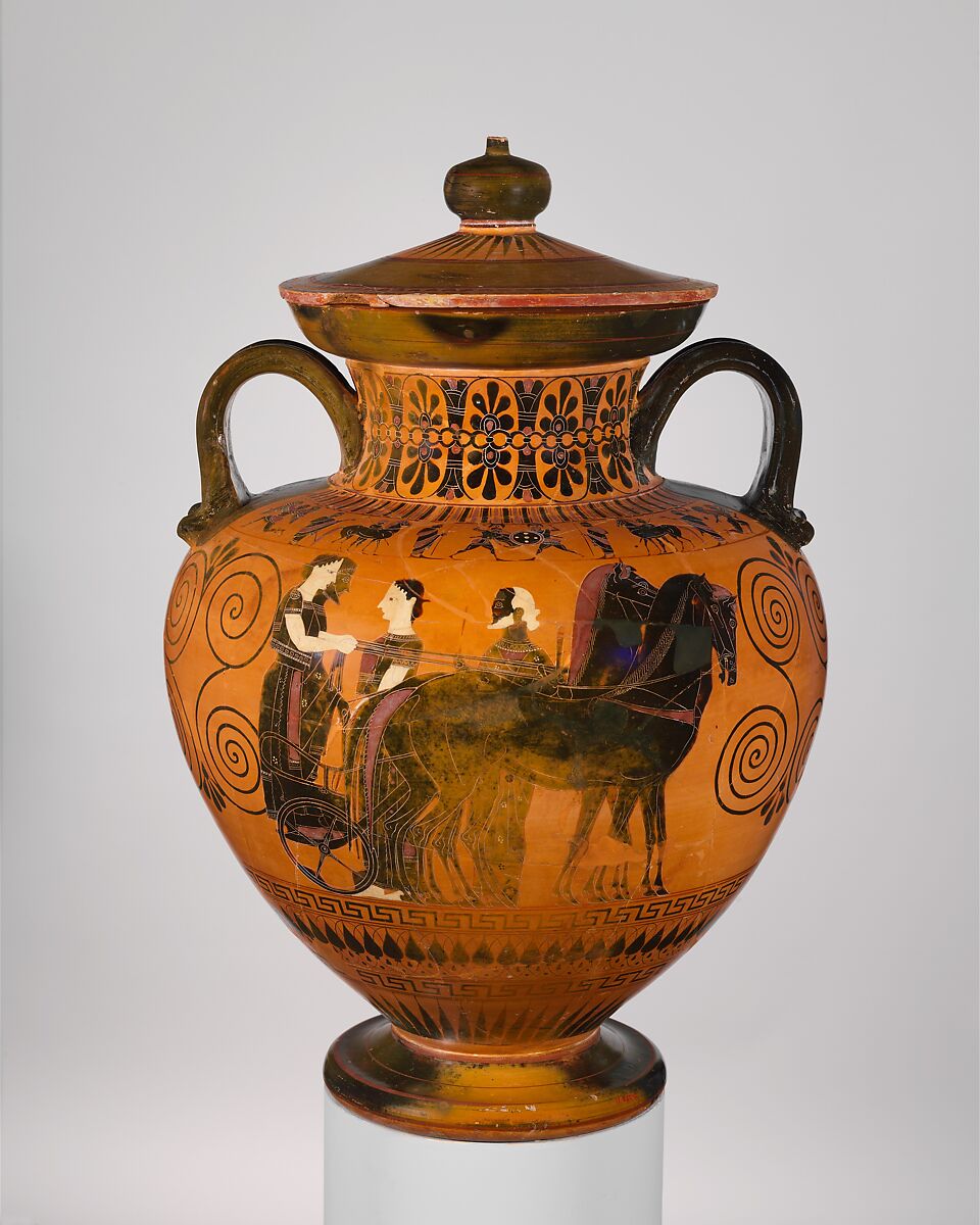 Terracotta neck-amphora (jar) with lid and knob (27.16), Attributed to Exekias, Terracotta, Greek, Attic