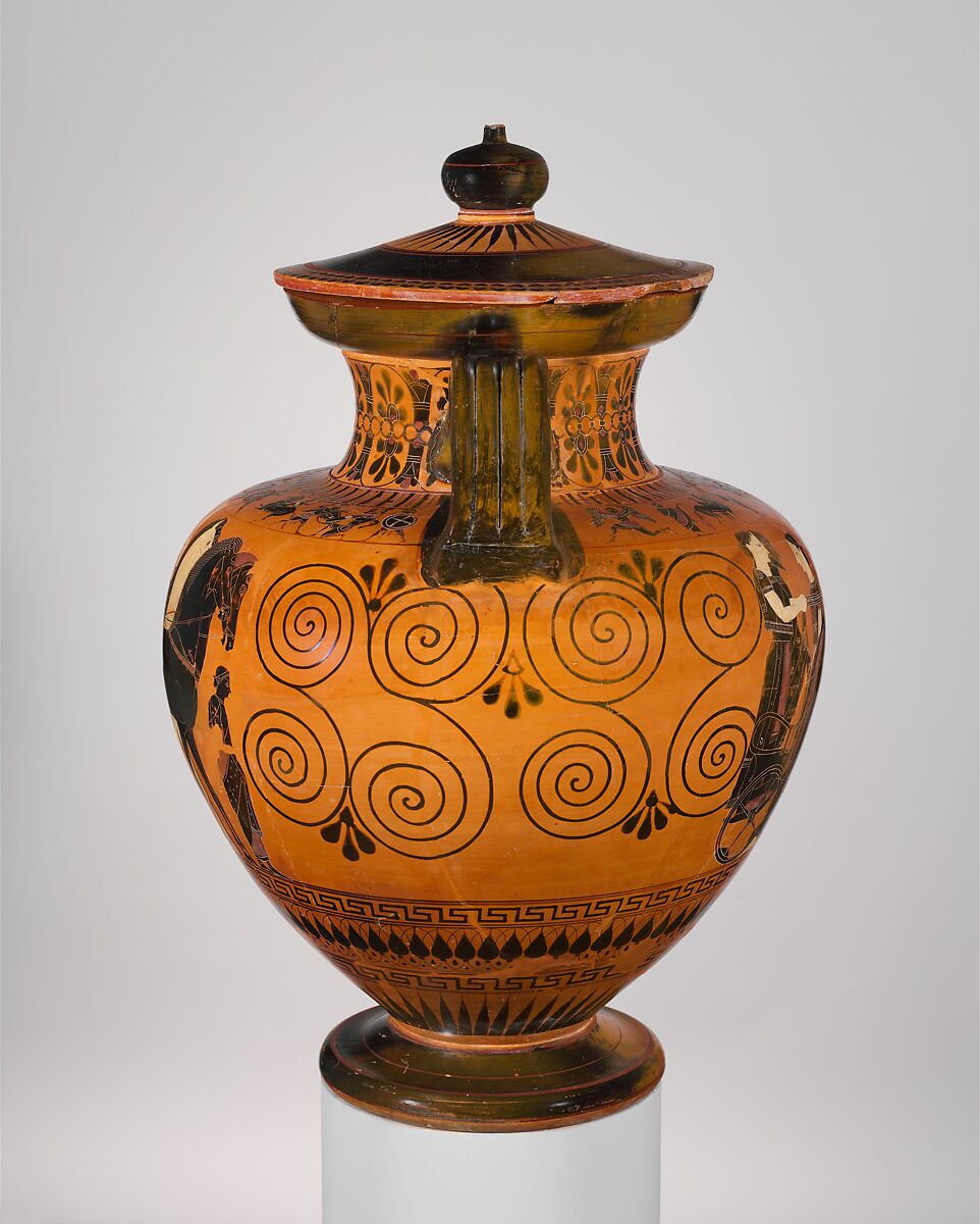 Terracotta neck-amphora (jar) with lid and knob (27.16), Attributed to Exekias, Terracotta, Greek, Attic