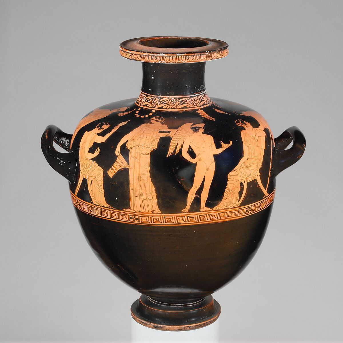 Terracotta hydria (water jar), Attributed to the Orpheus Painter, Terracotta, Greek, Attic 