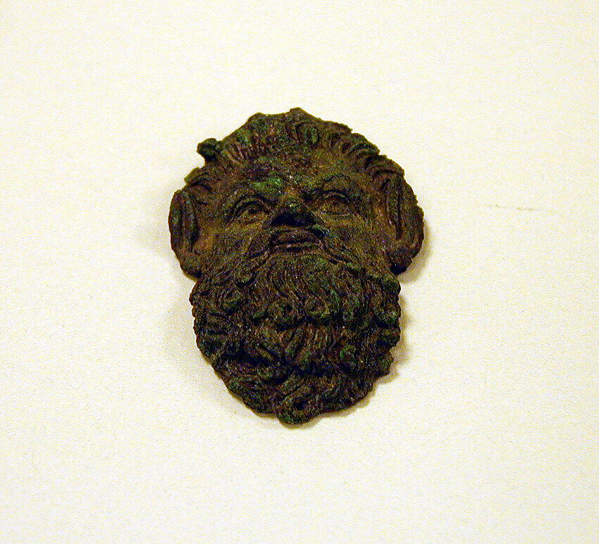 Bronze handle attachment in the form of a satyr mask, Bronze, Greek 