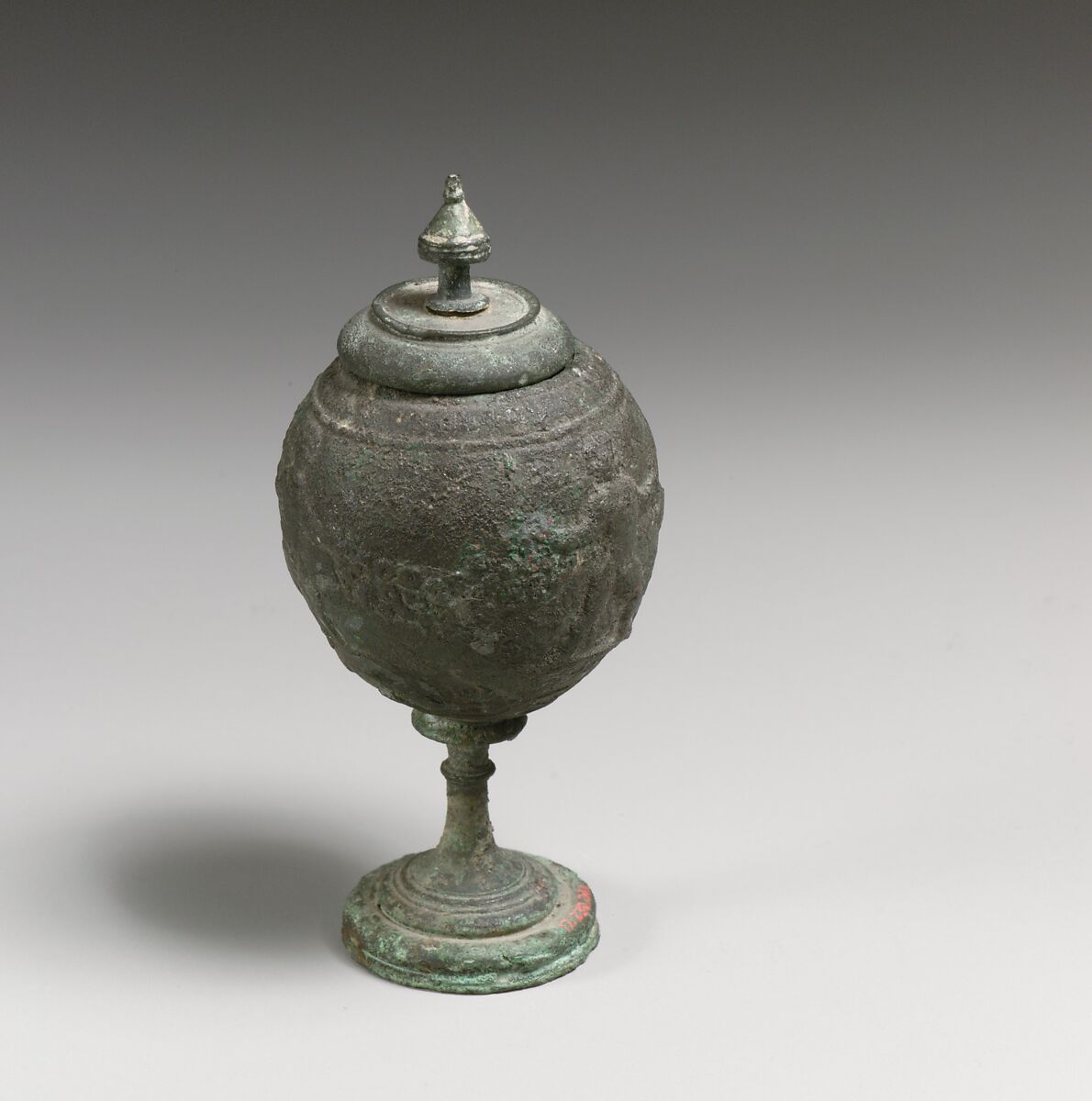 Bronze footed globular vessel with lid, Bronze, Roman 