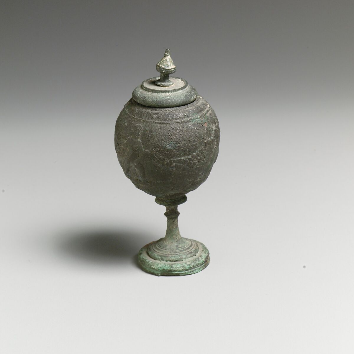 Bronze footed globular vessel with lid, Bronze, Roman