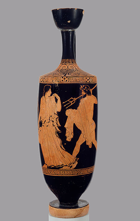 Terracotta lekythos (oil flask), Attributed to the Phiale Painter, Terracotta, Greek, Attic 