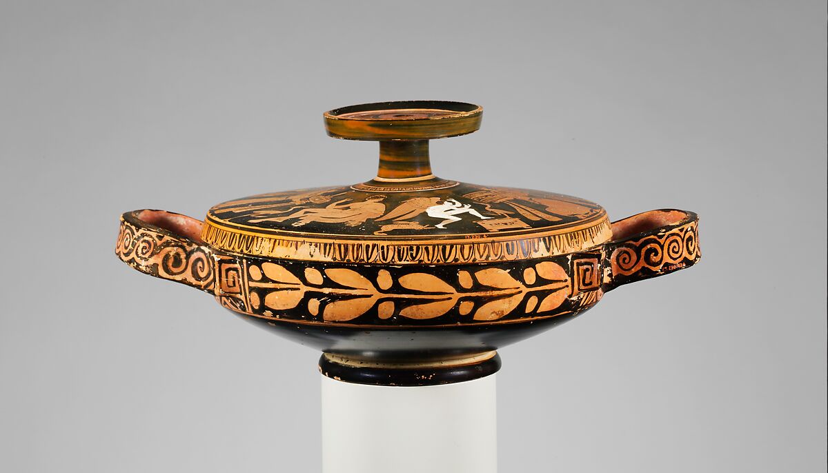 Terracotta lekanis (covered dish), Connected with the Otchët Group, Terracotta, Greek, Attic