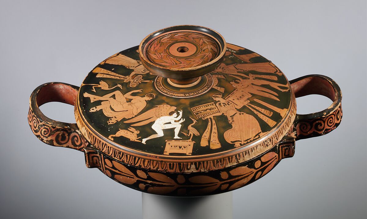 Terracotta lekanis (covered dish), Connected with the Otchët Group, Terracotta, Greek, Attic 