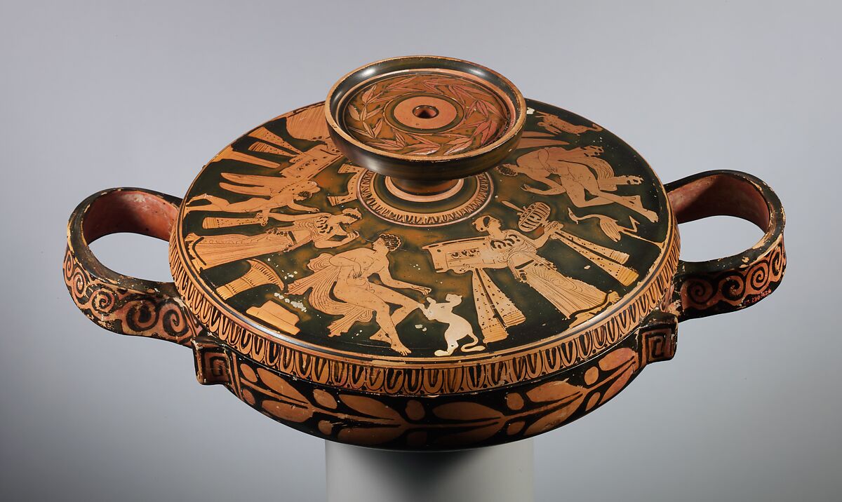 Terracotta lekanis (covered dish), Connected with the Otchët Group, Terracotta, Greek, Attic