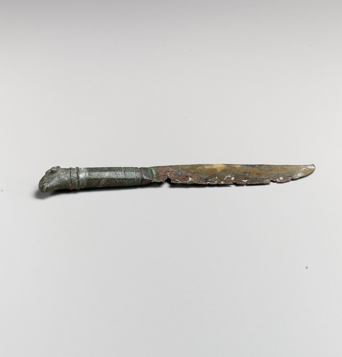 Bronze knife with ram's-head handle, Bronze, Roman 