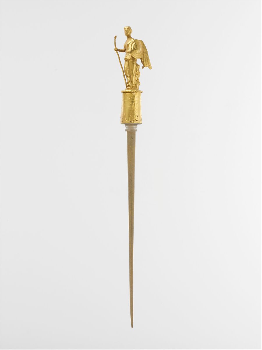 Gold head of a pin with the figure of Nike (Victory), Gold, Roman 