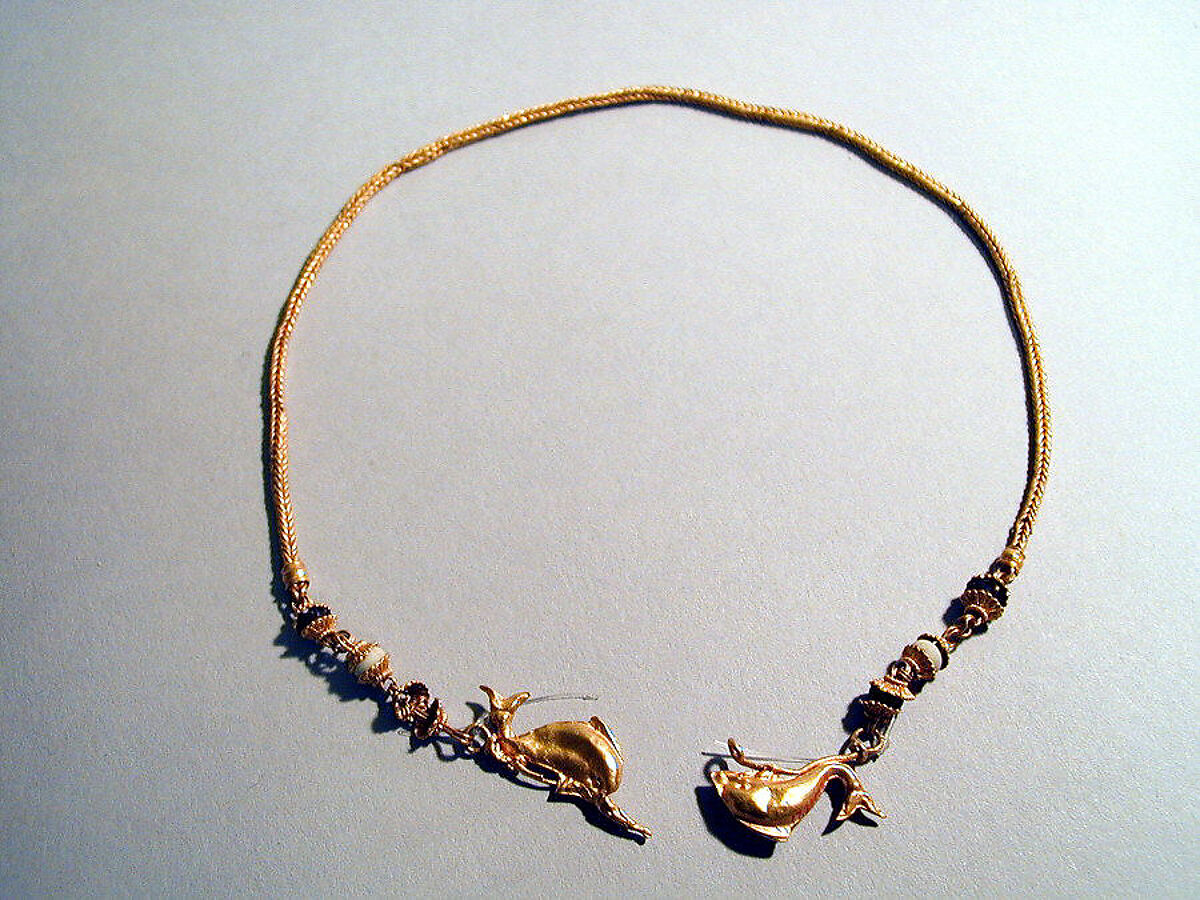 Gold chain with dolphins and glass beads, Gold, glass, Greek 