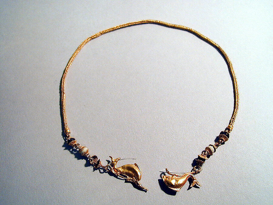 Gold chain with dolphins and glass beads, Gold, glass, Greek