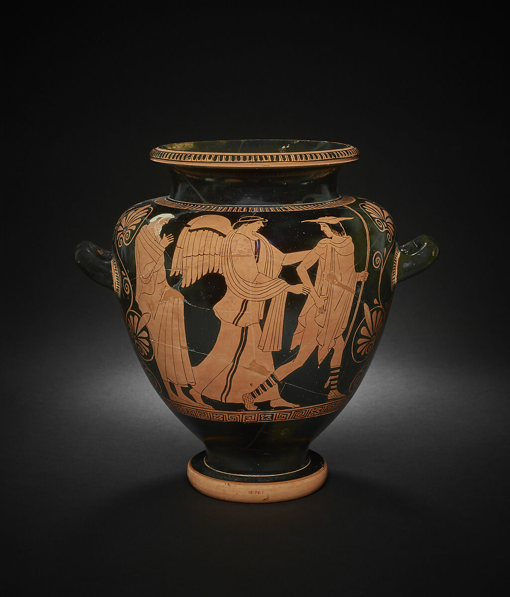 Terracotta stamnos, Attributed to the Deepdene Painter, Terracotta, Greek, Attic 