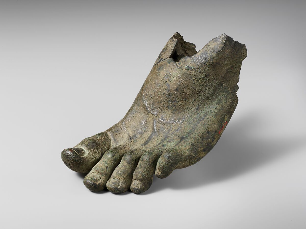 Bronze left foot with traces of sandal straps, Bronze, Roman 