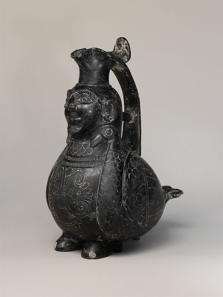 Terracotta jug in the shape of a siren, Terracotta, Etruscan 