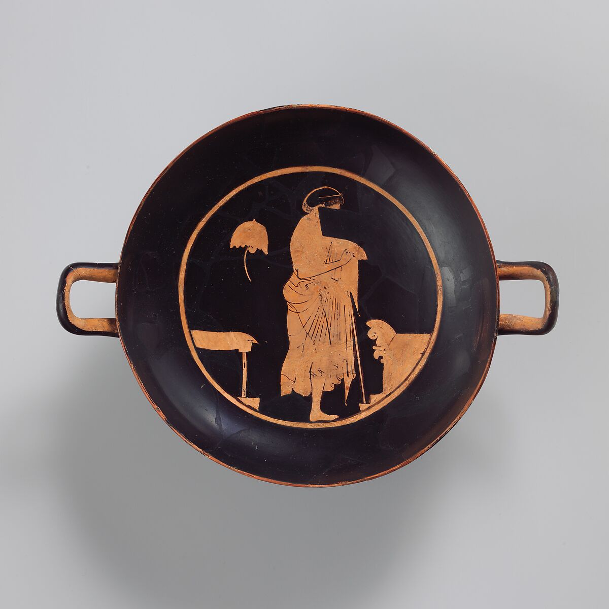 Terracotta kylix (drinking cup), Attributed to Apollodoros, Terracotta, Greek, Attic 