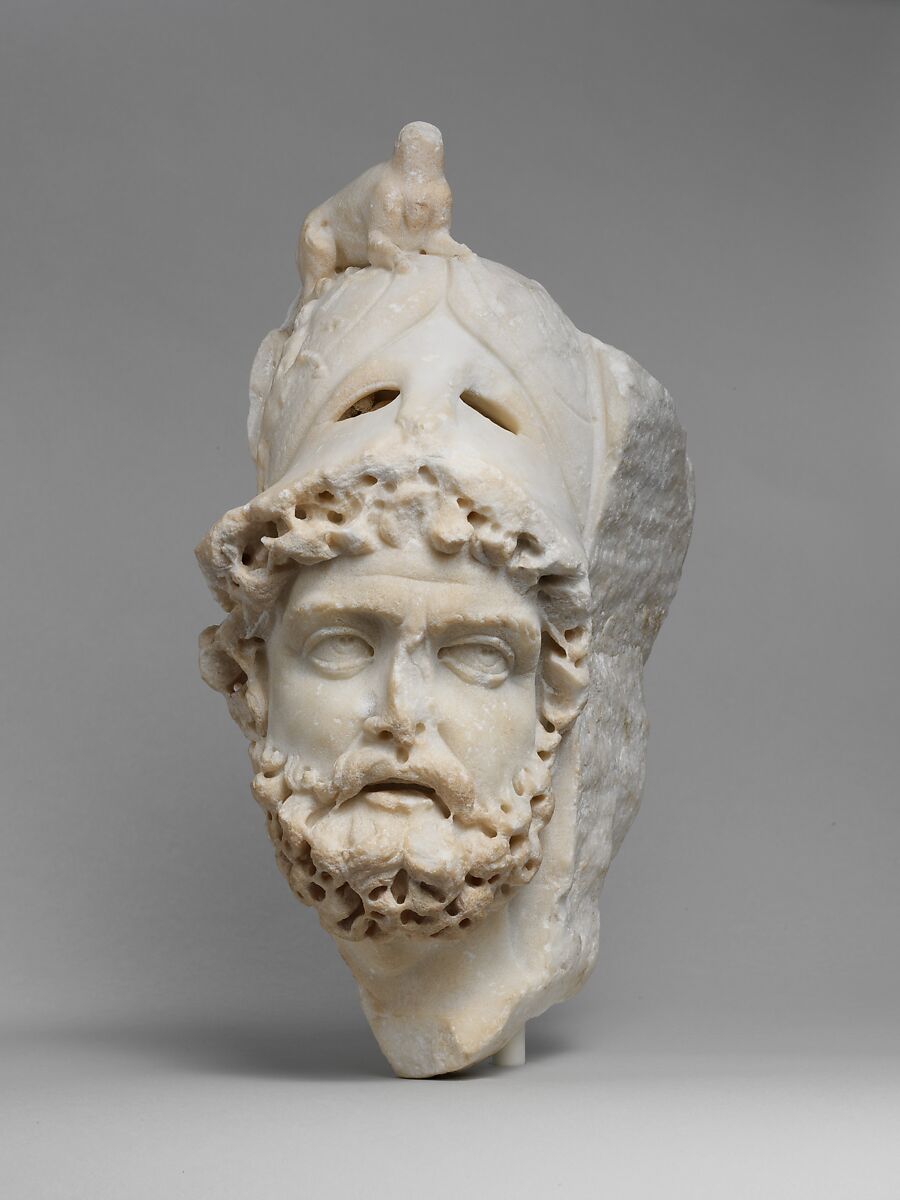 Marble relief fragment with the head of Mars, Marble, Roman