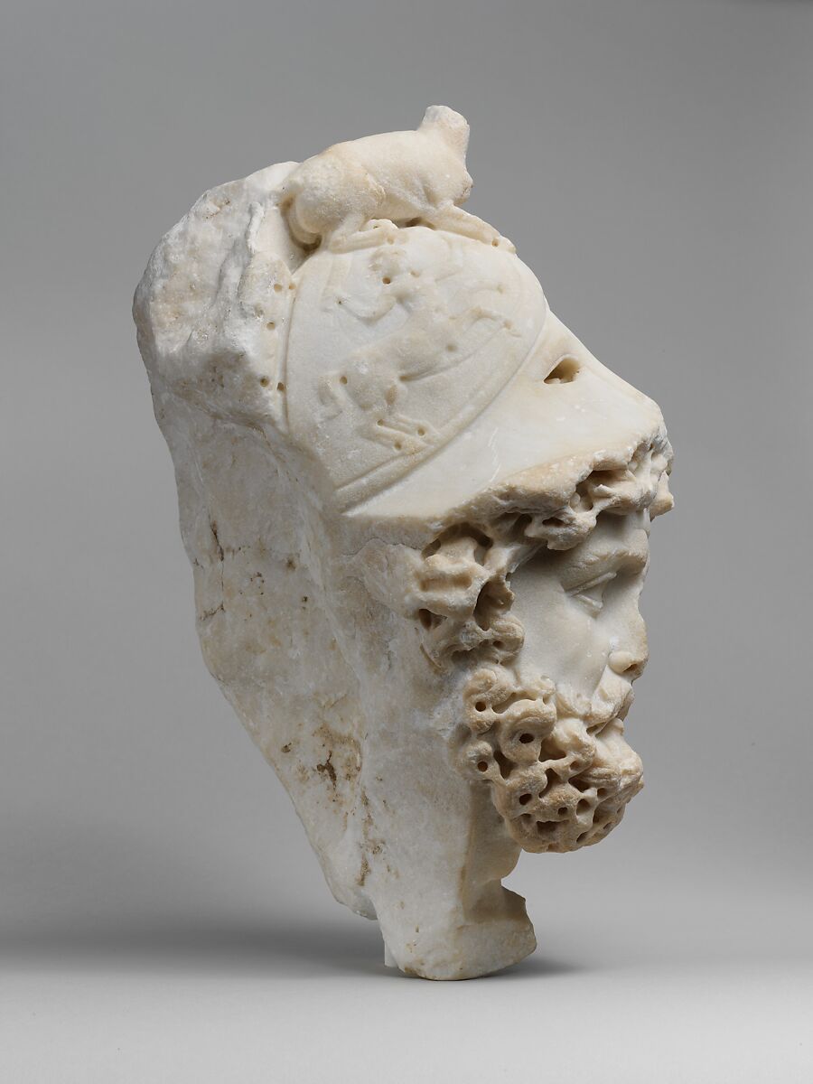Marble relief fragment with the head of Mars, Marble, Roman