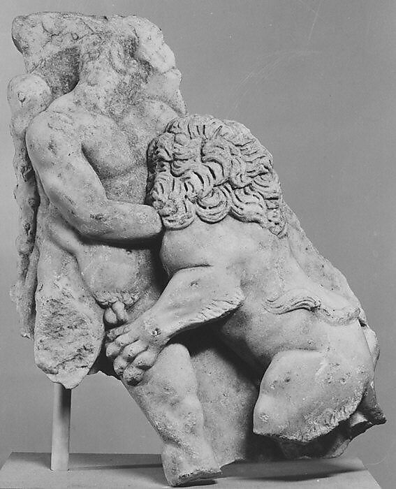 Left corner of a marble sarcophagus: Herakles and the Nemean Lion, Copy of work attributed to Lysippos, Marble, Roman 