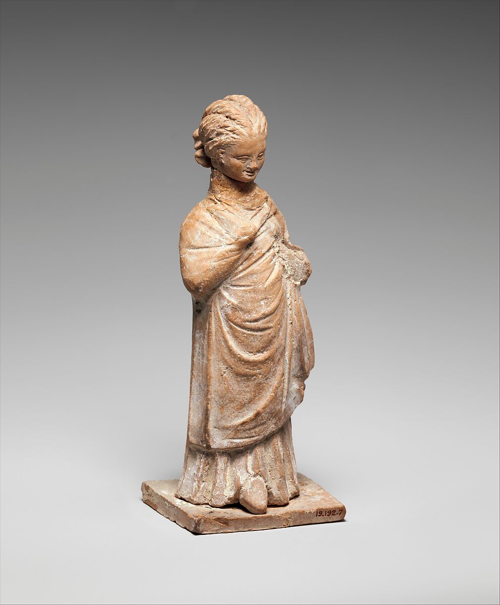 Terracotta statuette of a standing girl, Terracotta, Greek, probably Boeotian