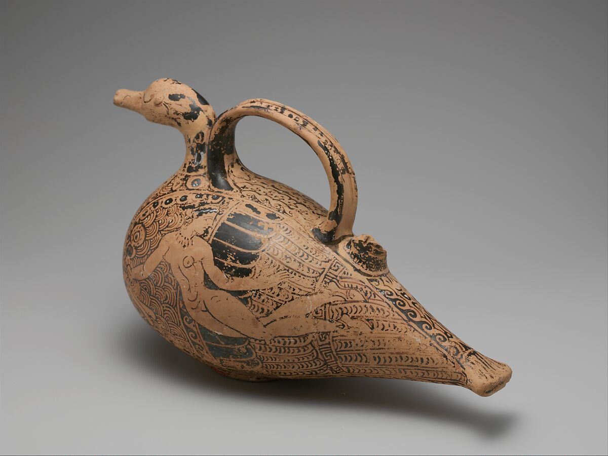 Terracotta duck-askos (flask with spout and handle), Attributed to the Clusium Group, Terracotta, Etruscan 