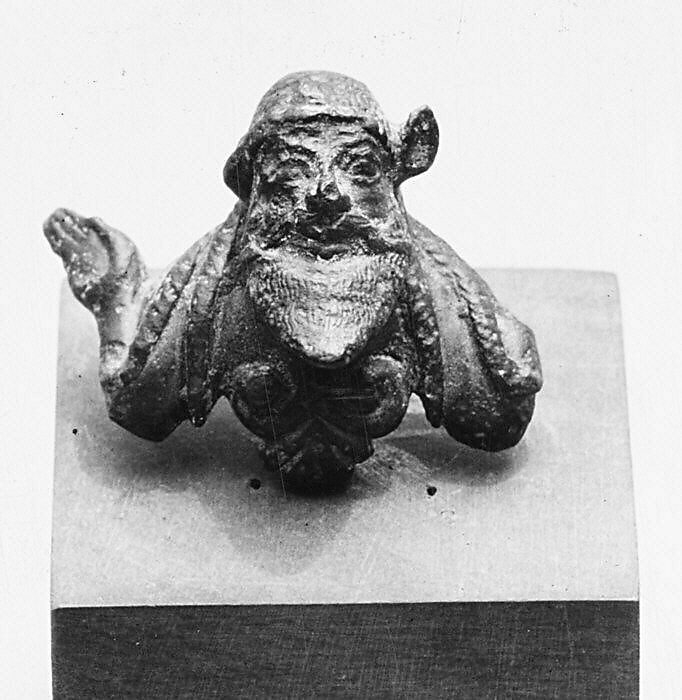 Bronze attachment with satyr head, Bronze, Etruscan