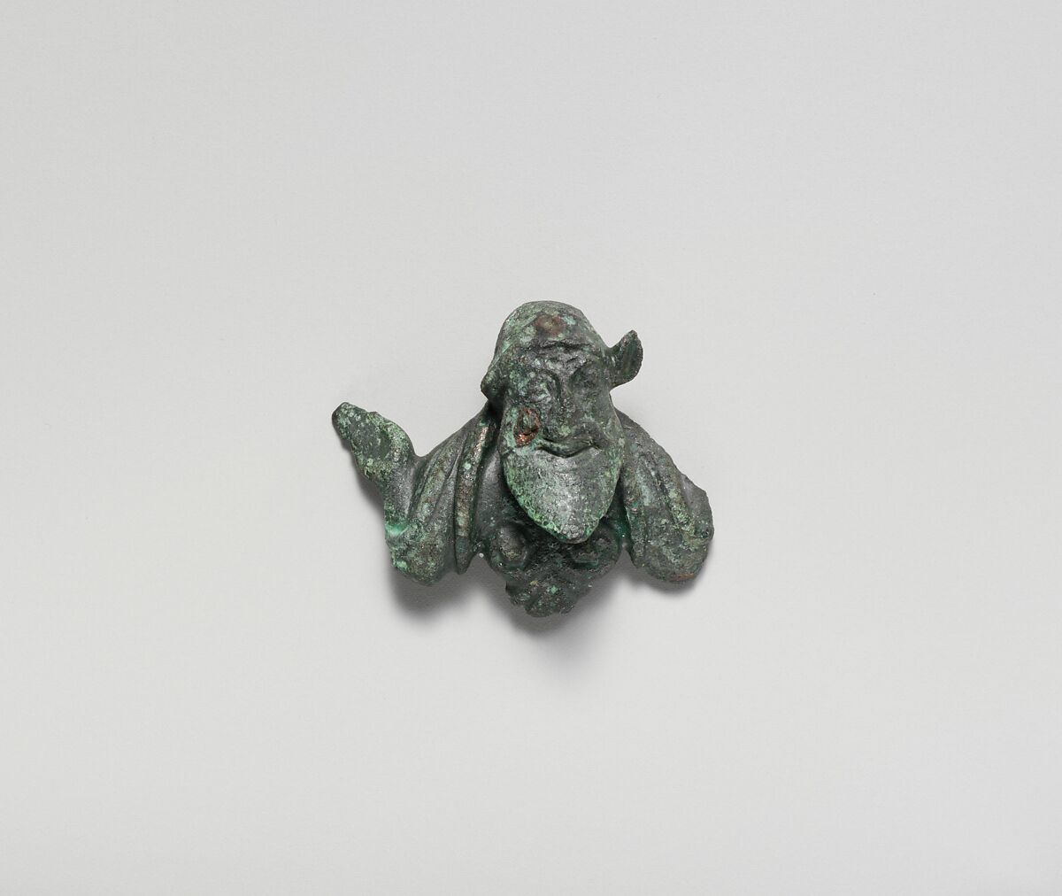 Bronze attachment with satyr head, Bronze, Etruscan 