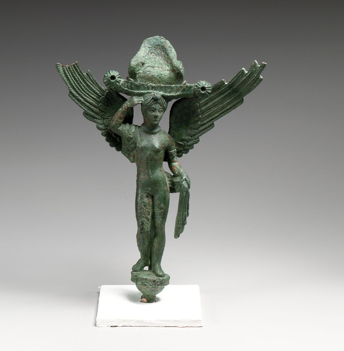 Bronze patera handle in the form of Lasa, Bronze, Etruscan