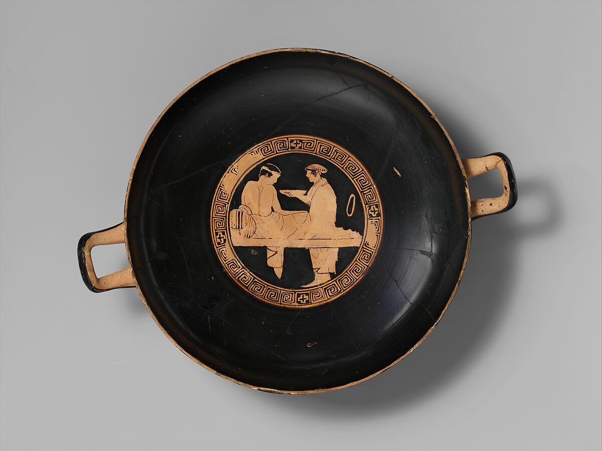 Terracotta kylix (drinking cup), Attributed to the Painter of Brussels R 330, Terracotta, Greek, Attic 