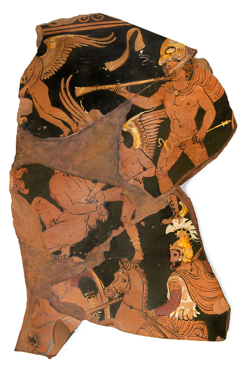 Fragment of a terracotta volute-krater (bowl for mixing wine and water); joins 19.192.81.5,.11,.19, Attributed to the Baltimore Painter, Terracotta, Greek, South Italian, Apulian 