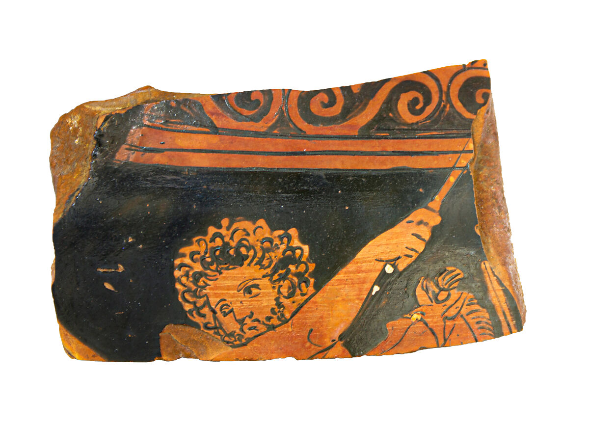 Volute-krater fragment, Terracotta, Greek, South Italian, Apulian 