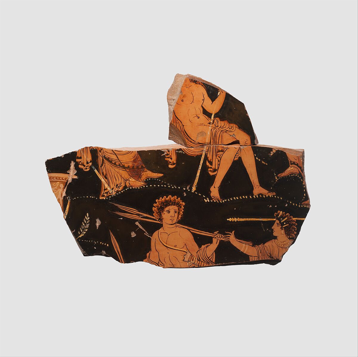 Fragment of a terrracotta volute-krater (bowl for mixing wine and water), Attributed to the Painter of the Dublin Situlae, Terracotta, Greek, South Italian, Apulian 