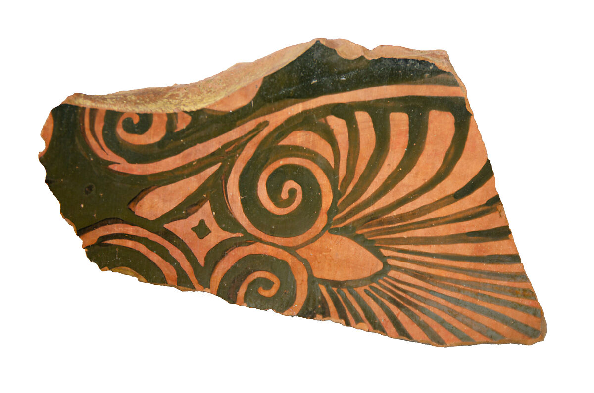 Volute-krater fragment, Terracotta, Greek, South Italian, Apulian 