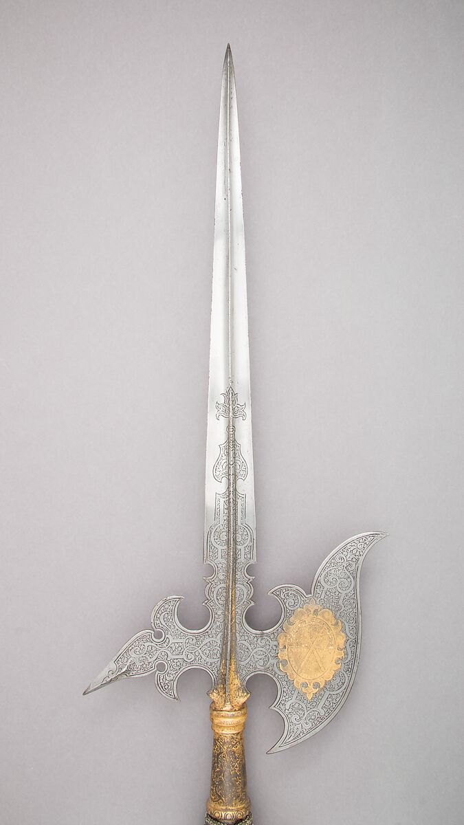Halberd of the Guard of the Electors of Saxony, Steel, wood, gold, textile, metallic thread, German, Saxony
