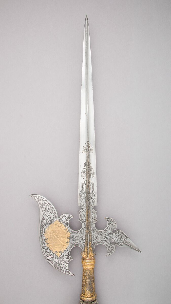 Halberd of the Guard of the Electors of Saxony, Steel, wood, gold, textile, metallic thread, German, Saxony 