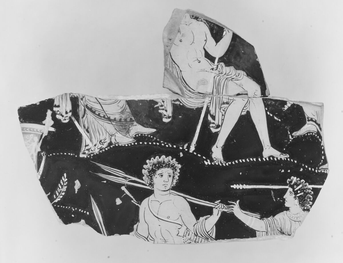 Fragment of a terracotta volute-krater (bowl for mixing wine and water), Attributed to the Painter of the Dublin Situlae, Terracotta, Greek, South Italian, Apulian 