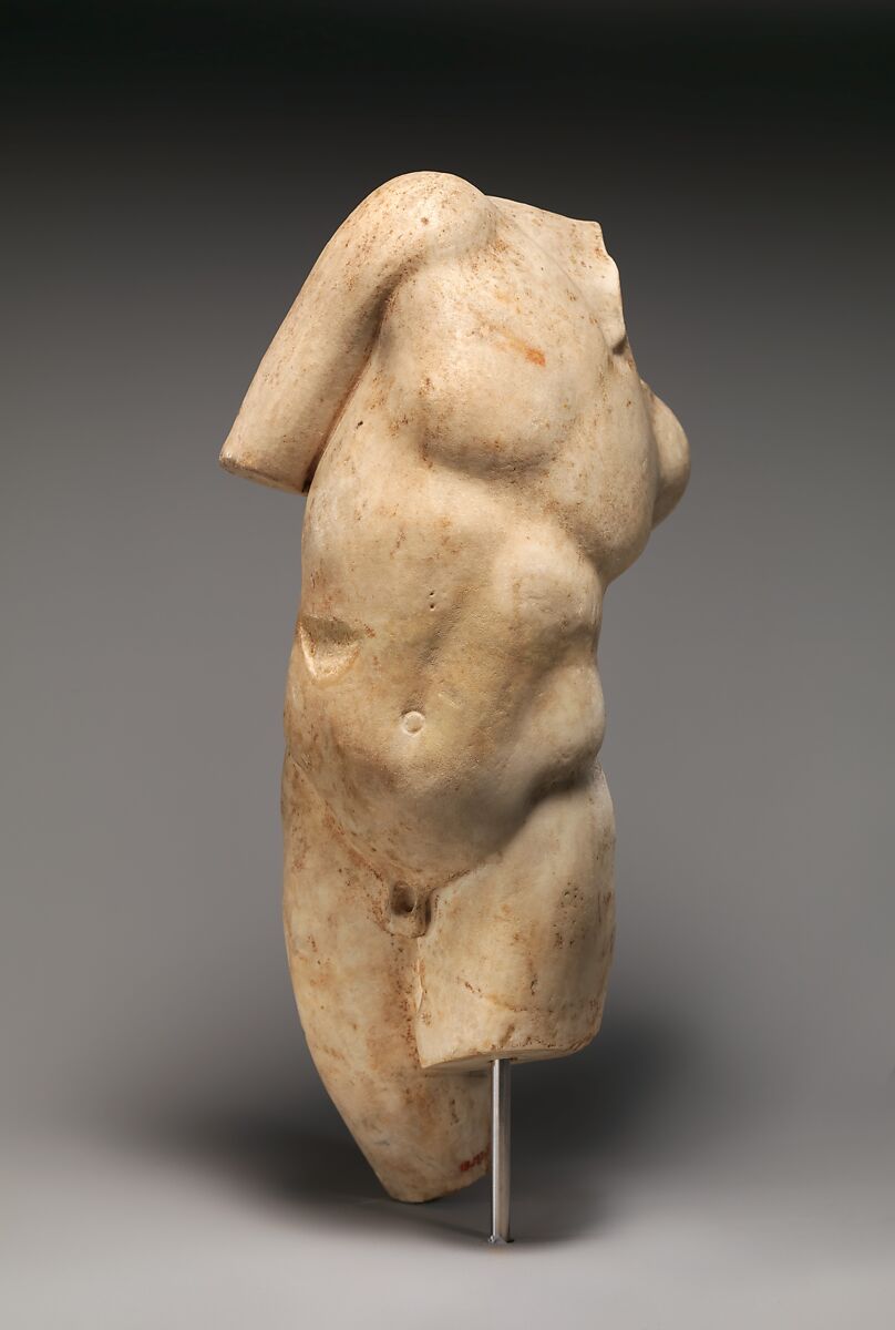 Marble statue of a young satyr turning to look at his tail, Marble, Roman
