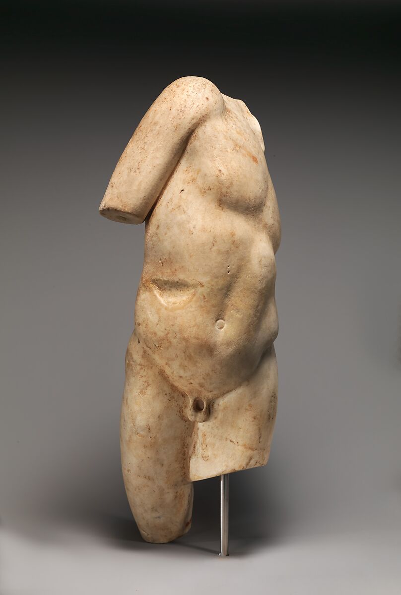 Marble statue of a young satyr turning to look at his tail, Marble, Roman