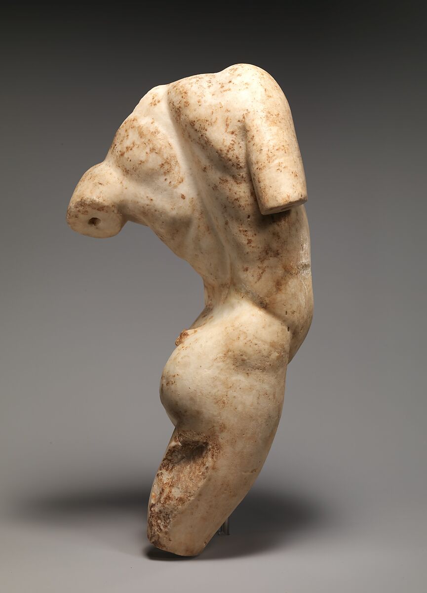 Marble statue of a young satyr turning to look at his tail, Marble, Roman