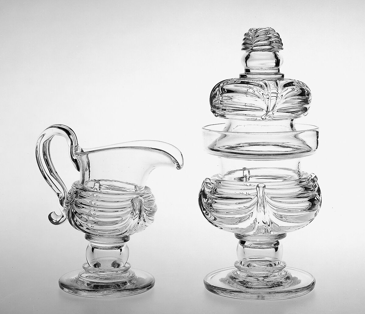 Sugar bowl, Attributed to New England Glass Company (American, East Cambridge, Massachusetts, 1818–1888), Free-blown glass with applied decoration, American