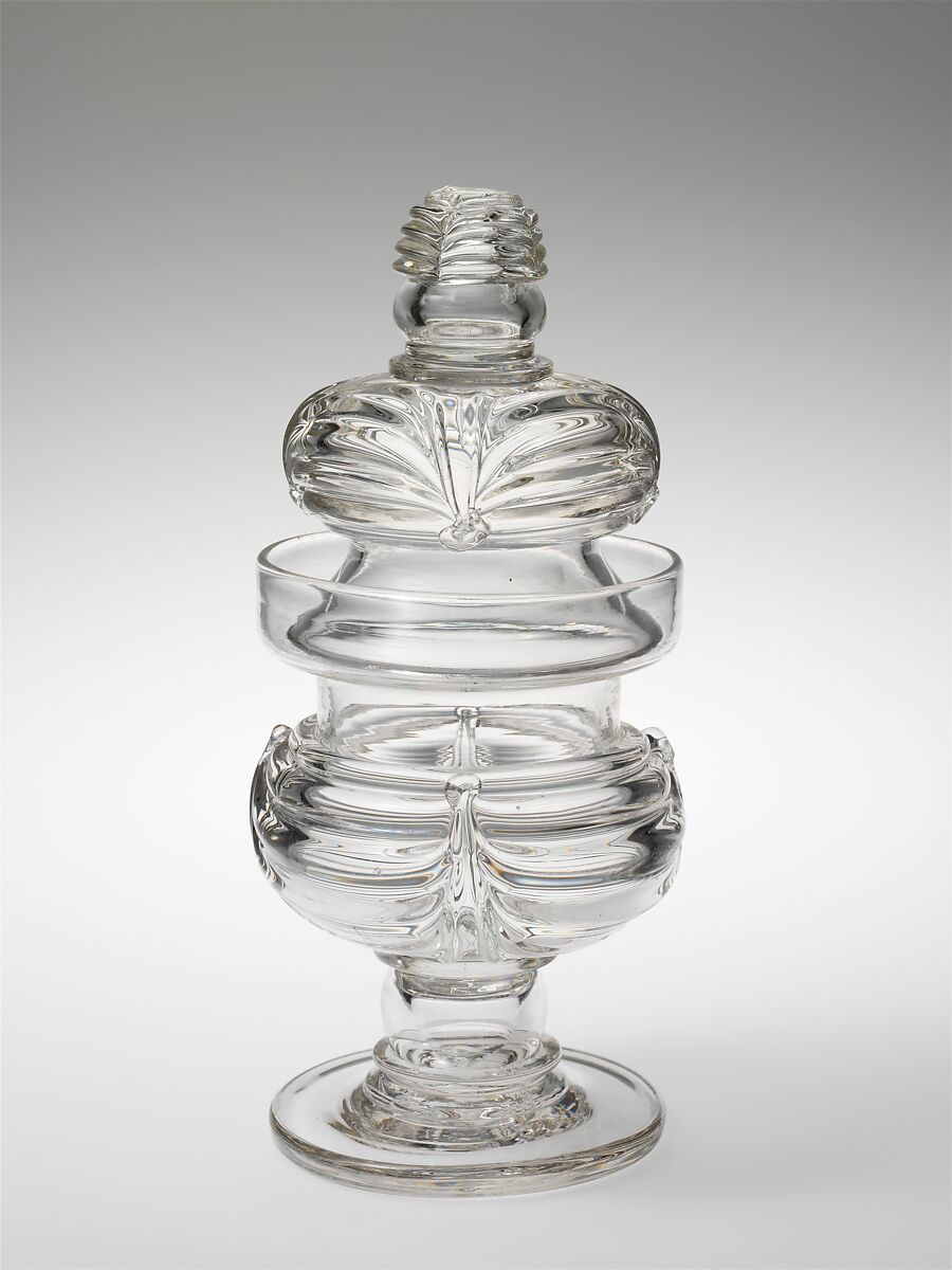 Sugar bowl, Attributed to New England Glass Company (American, East Cambridge, Massachusetts, 1818–1888), Free-blown glass with applied decoration, American 