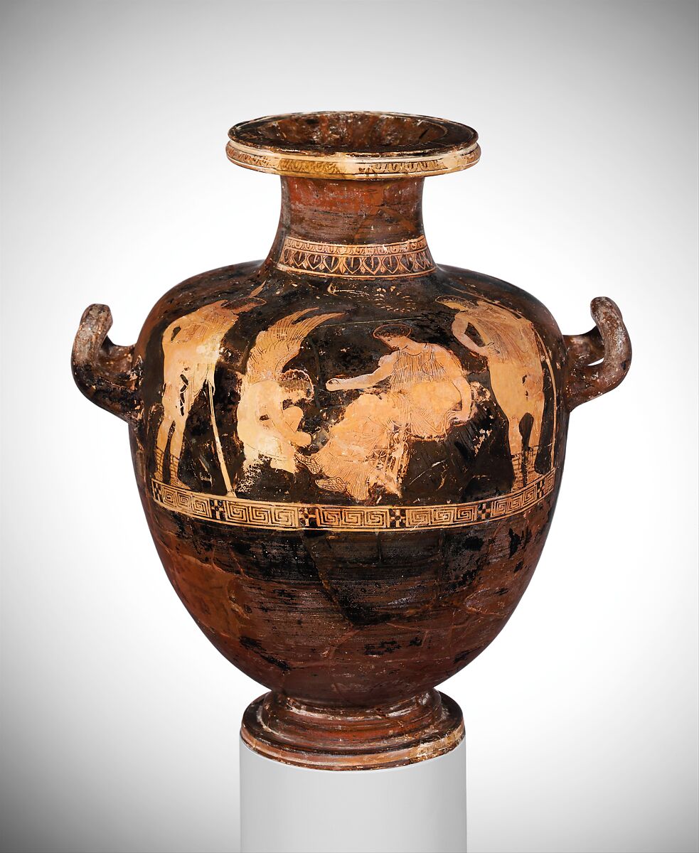 Terracotta hydria: kalpis (water jar), Attributed to the Washing Painter, Terracotta, Greek, Attic 
