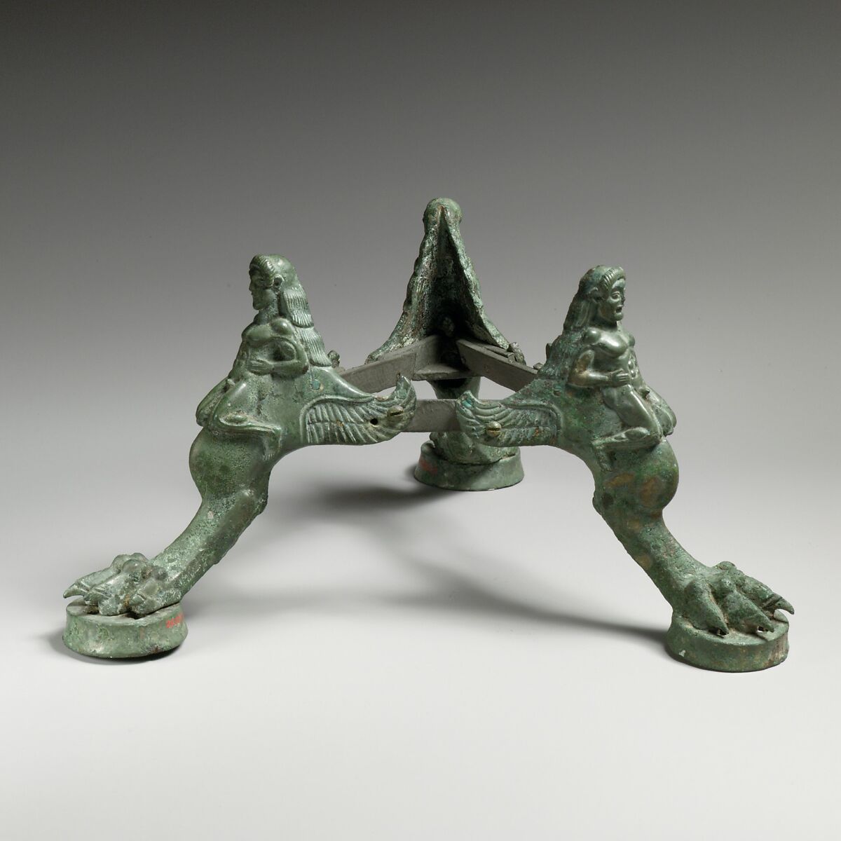 Bronze tripod base for a thymiaterion (incense burner), Bronze, Etruscan, Vulci 
