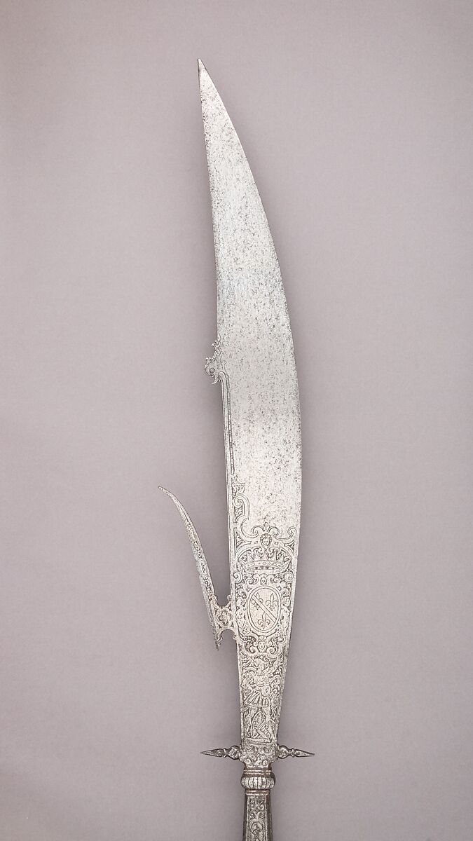 Glaive of the Bodyguard of Giovanni Battista Bourbon del Monte (1541–1615), Steel, wood (oak), textile, brass, gold, Italian, Brescia 