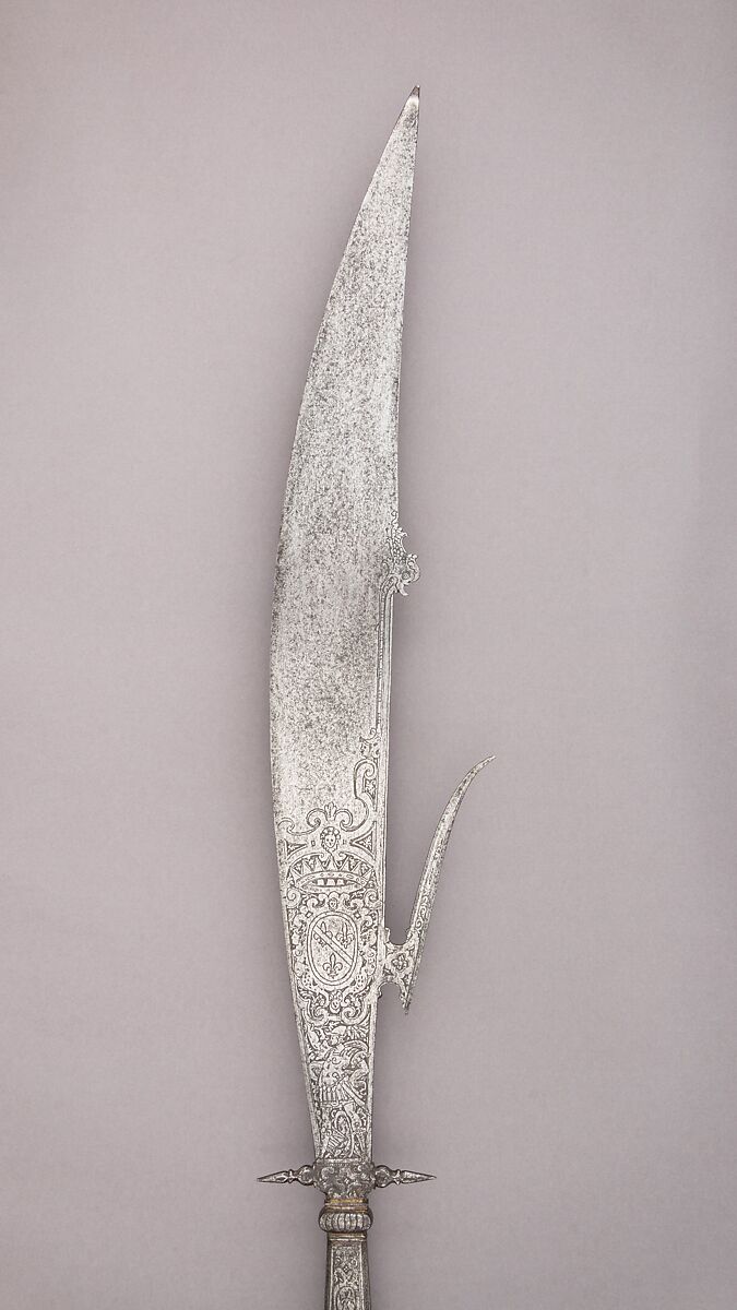 Glaive of the Bodyguard of Giovanni Battista Bourbon del Monte (1541–1615), Steel, wood (oak), textile, brass, gold, Italian, Brescia