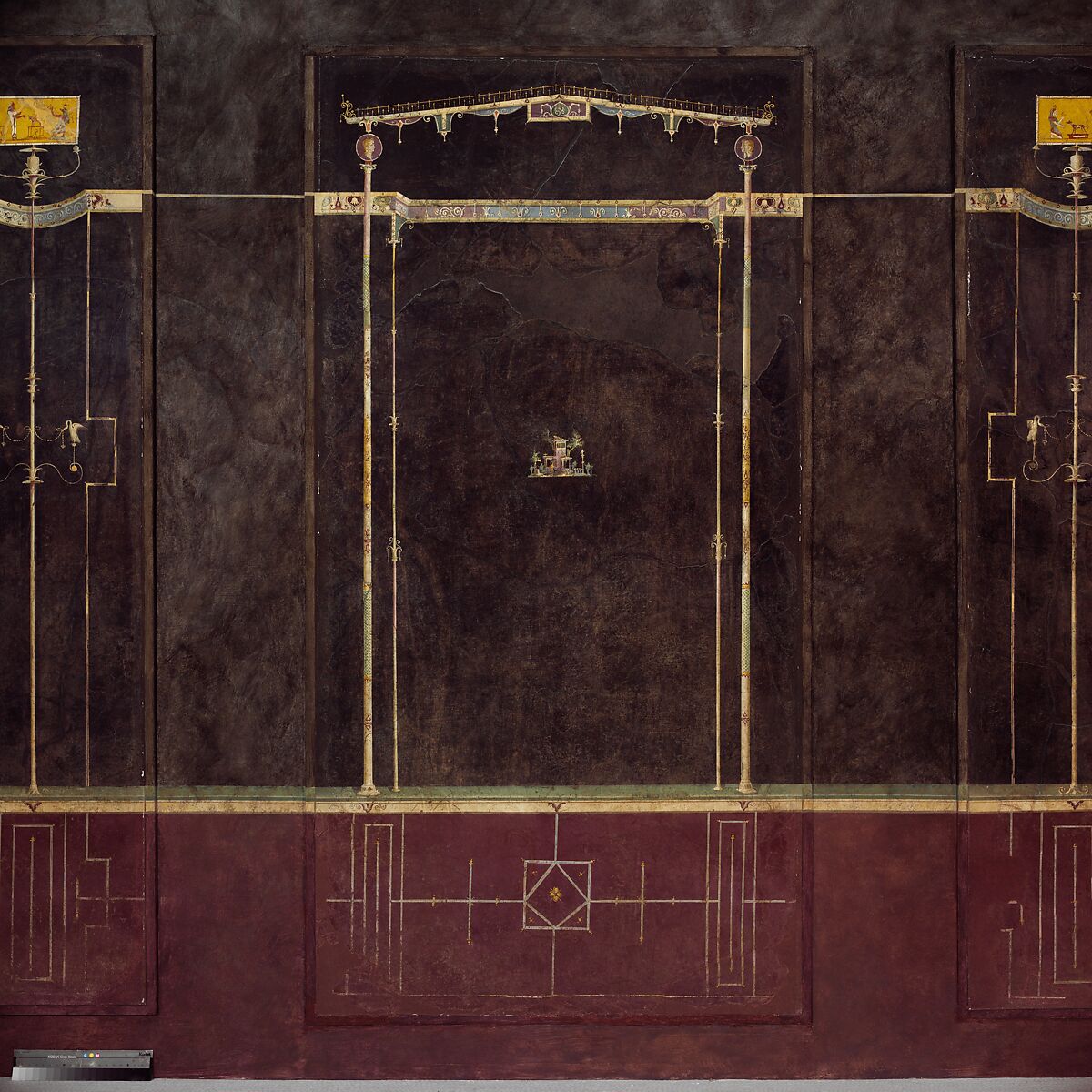 Wall painting on black ground: Aedicula with small landscape, from the imperial villa at Boscotrecase, Fresco, Roman, Pompeian