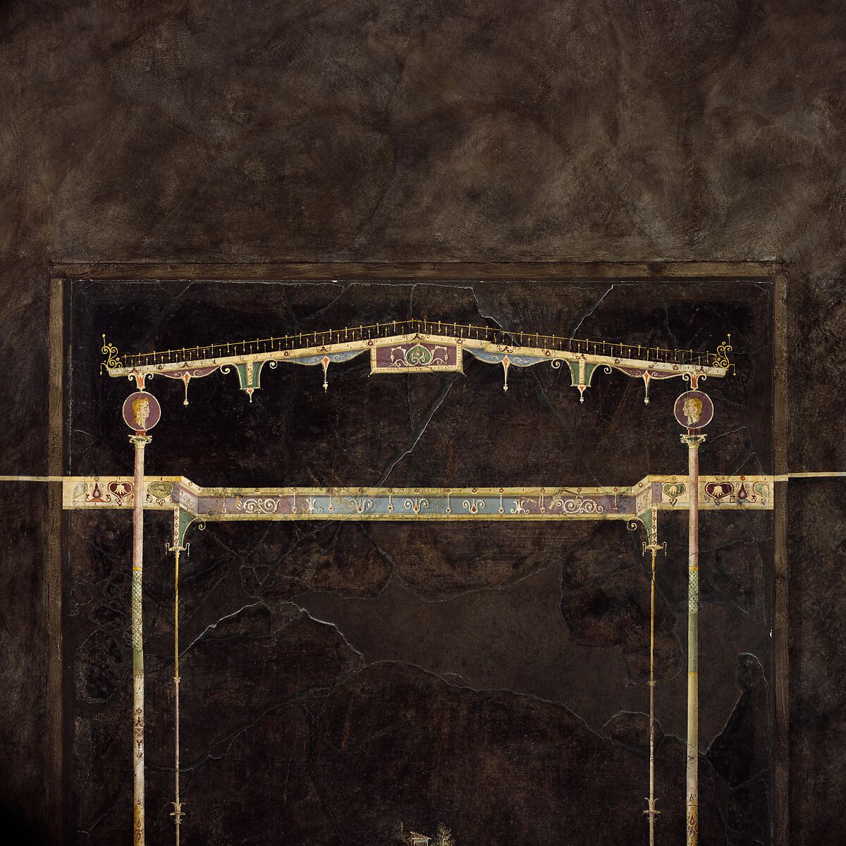 Wall painting on black ground: Aedicula with small landscape, from the imperial villa at Boscotrecase, Fresco, Roman, Pompeian