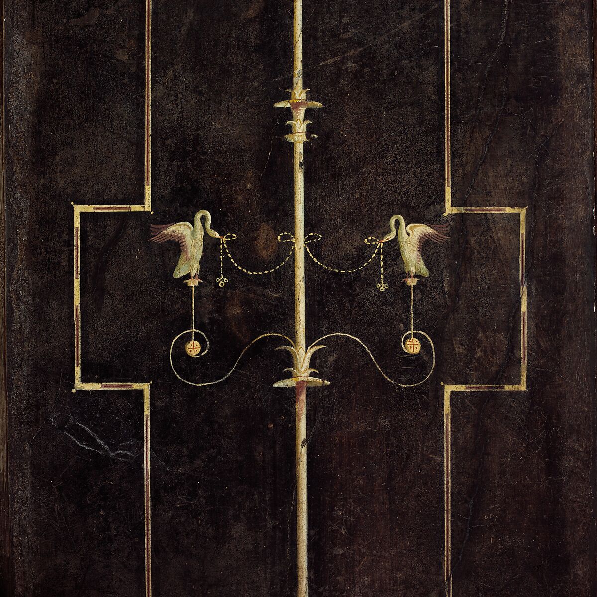 Wall painting on black ground: Egyptianizing scene and pair of swans, from the imperial villa at Boscotrecase, Fresco, Roman, Pompeian