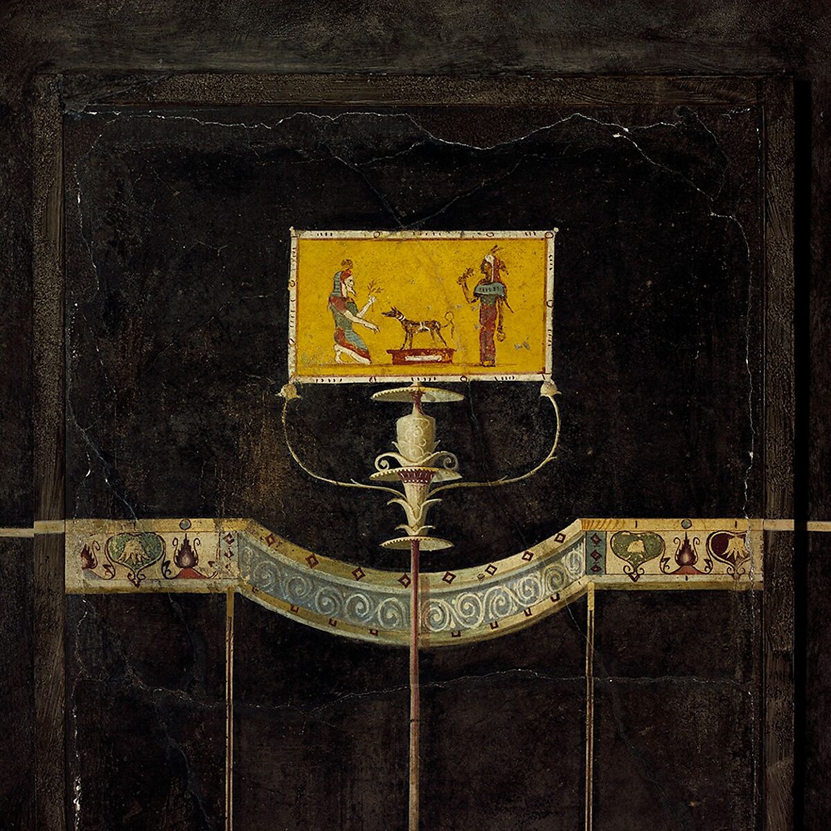 Wall painting on black ground: Egyptianizing scene and pair of swans, from the imperial villa at Boscotrecase, Fresco, Roman, Pompeian