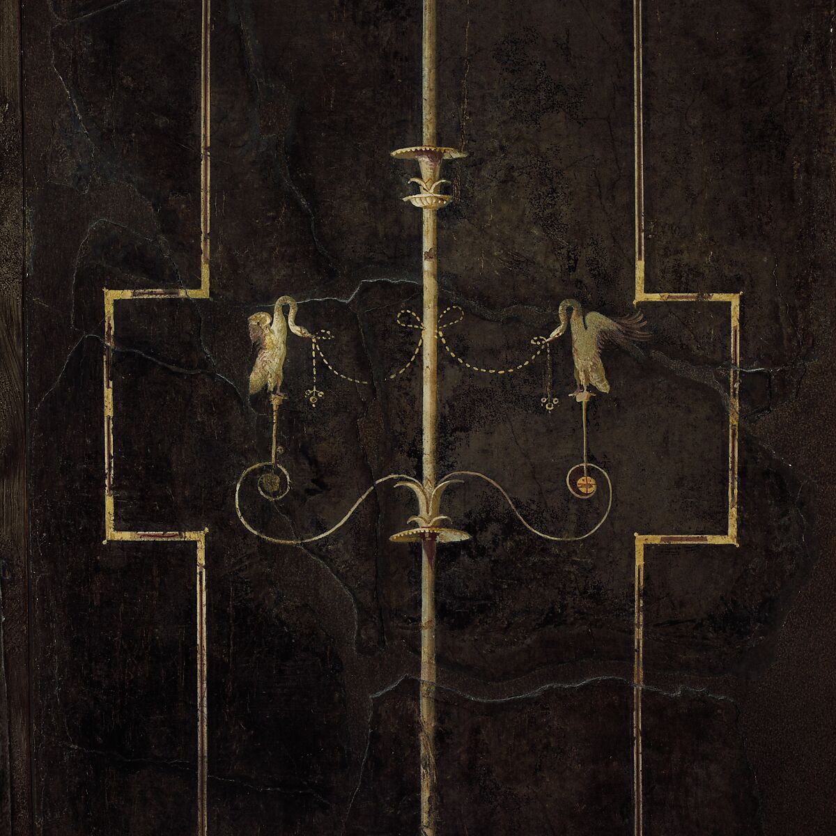 Wall painting on black ground: Egyptianizing scene and pair of swans, from the imperial villa at Boscotrecase, Fresco, Roman, Pompeian